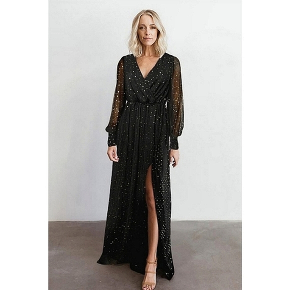 LAST ONE!! Plus Size ADRIANA Gold Sparkle Maxi Dress With Long Sleeves